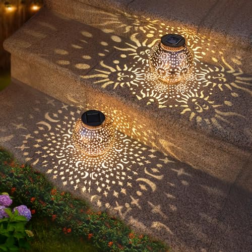 2-Pack Solar Lanterns: Moon & Sun Designs for Warm Patio Ambiance (Bronze) for Patio, Yard, Tabletop, Bronze) LED