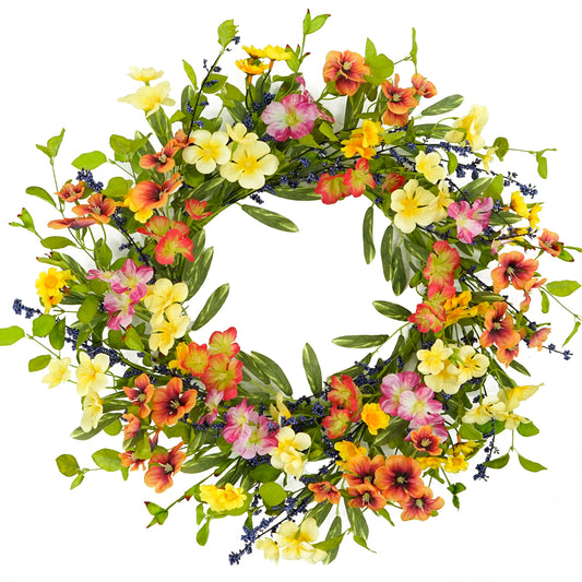20 inch Spring Summer Wreaths for Front Door Floral Wreath with Colorful Wildflowers,Eucalyptus Leaves,Olive Leaves,Small Berries for Indoor Outdoor Farmhouse Home Wall Window Festival Decoration